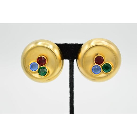 Vintage Crystal Clip Earrings Brushed Gold Rhinestone Chunky USA Signed NOS A21 - Picture 1 of 11